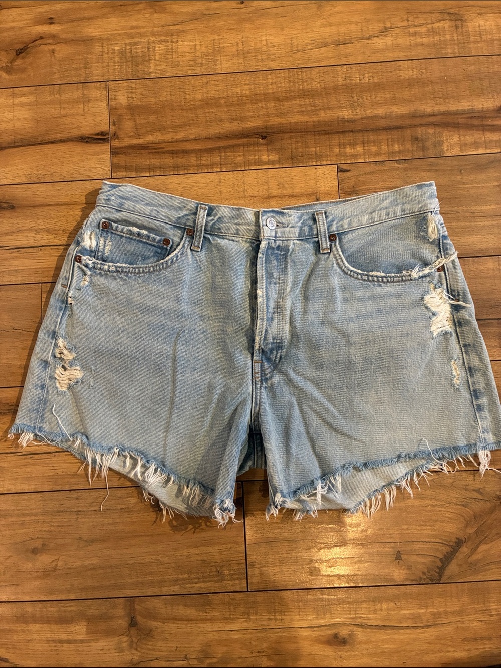 Agolde Light Blue Distressed High-Rise Denim Shorts